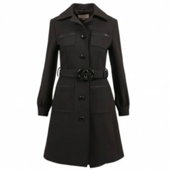 GUCCI black wool jacket large logo belt button down cuff long coat Luxury NWT - Picture 2 of 14